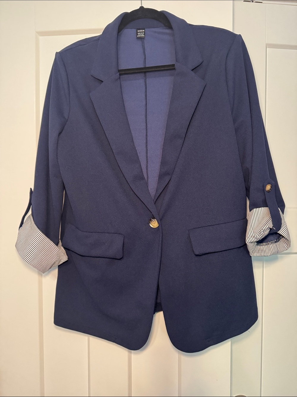 SHEIN Navy Single-Button Blazer with Striped Sleeve Lining